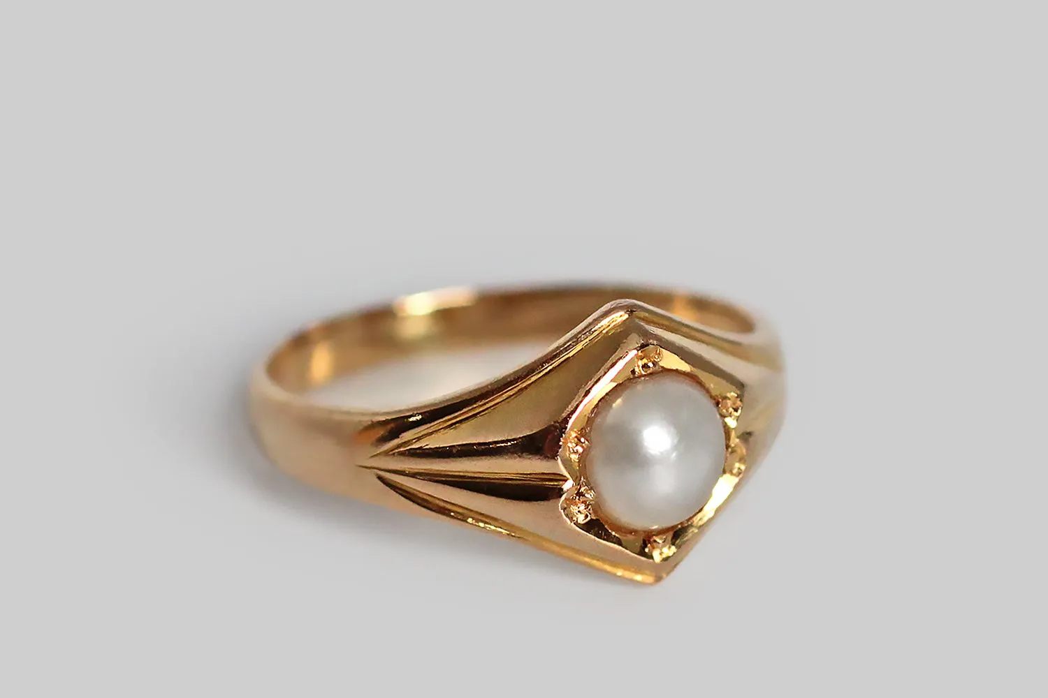 Mid 20th Century Dual Apex Ring with Pearl in 18k Gold