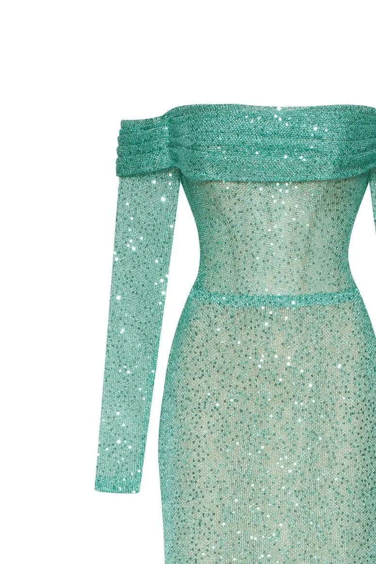 Mint Green Romantic off-the-shoulder sparkling long dress