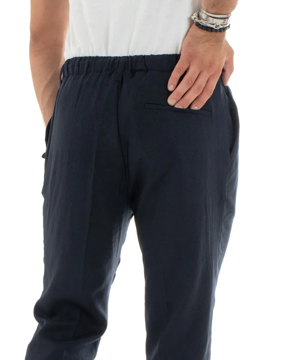 Pantaloni Uomo Lino Tasca America Basic Con Coulisse Elastico Sul Retro Casual Tinta Unita Blu GIOSAL-P5837A