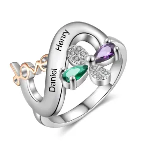 Personalized 2 Names And Stones Engraved Ring For Women