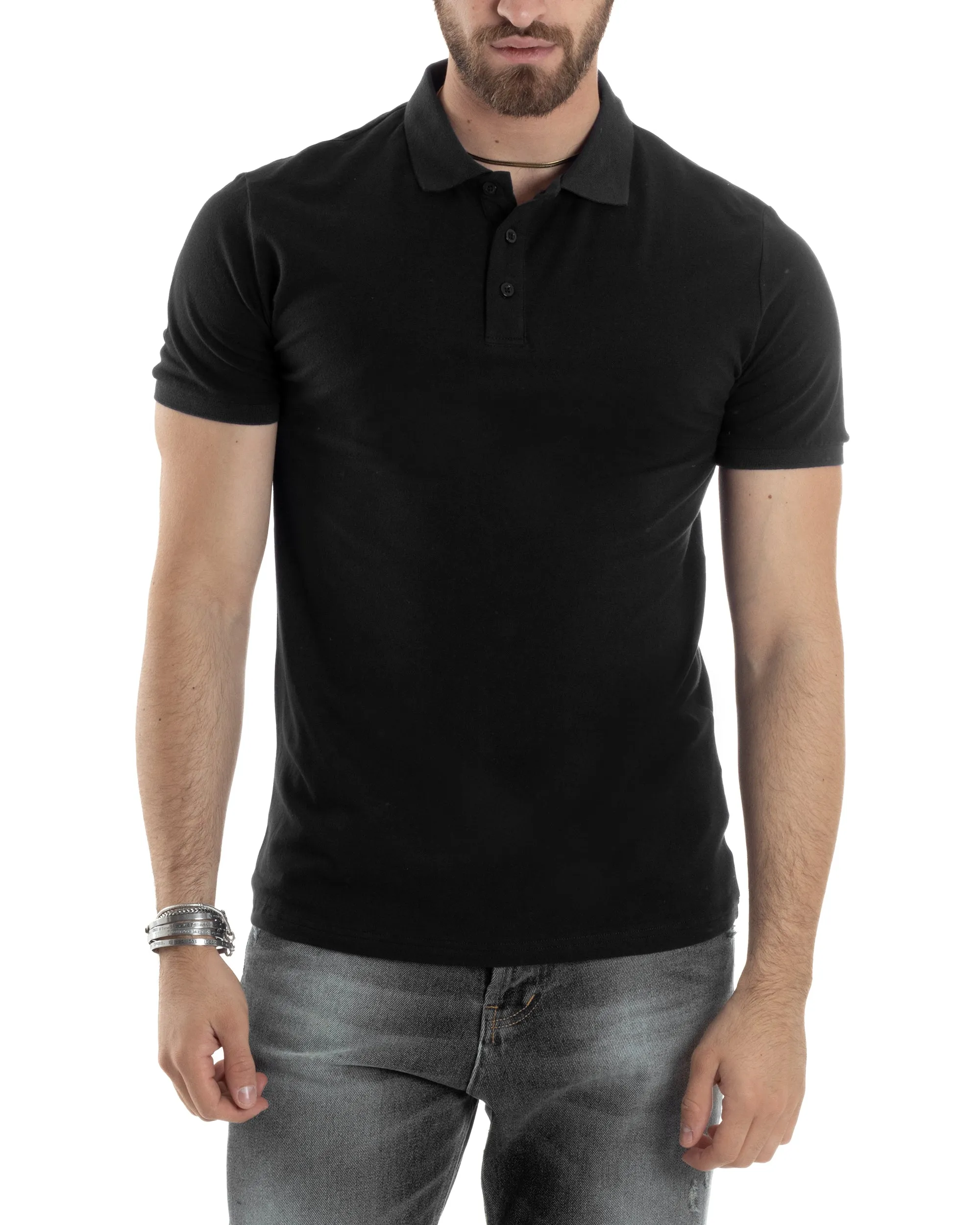 Polo Uomo Manica Corta T-shirt Con Colletto Bottoncini Basic Slim Fit Casual Tinta Unita Nero GIOSAL-TS3049A