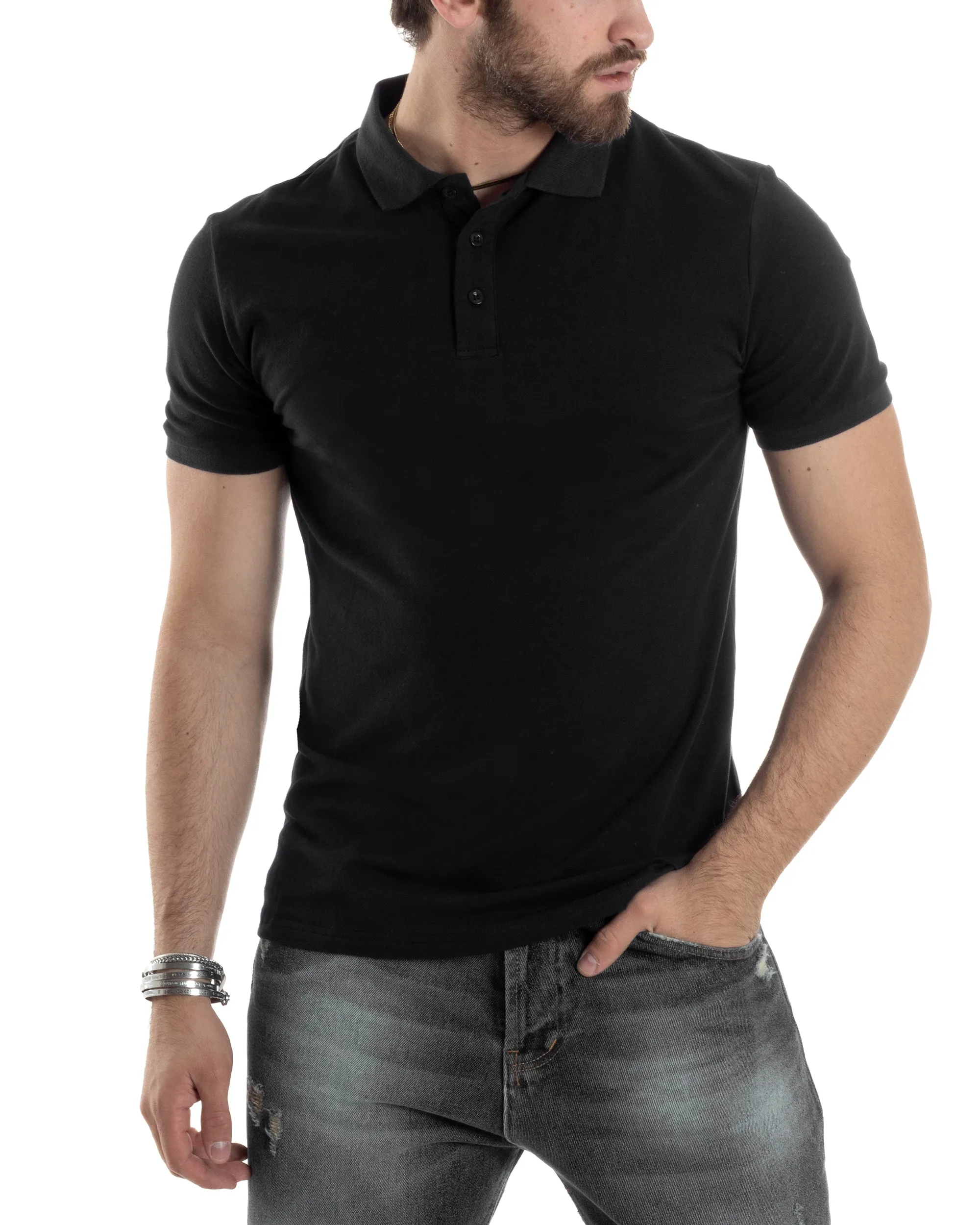 Polo Uomo Manica Corta T-shirt Con Colletto Bottoncini Basic Slim Fit Casual Tinta Unita Nero GIOSAL-TS3049A