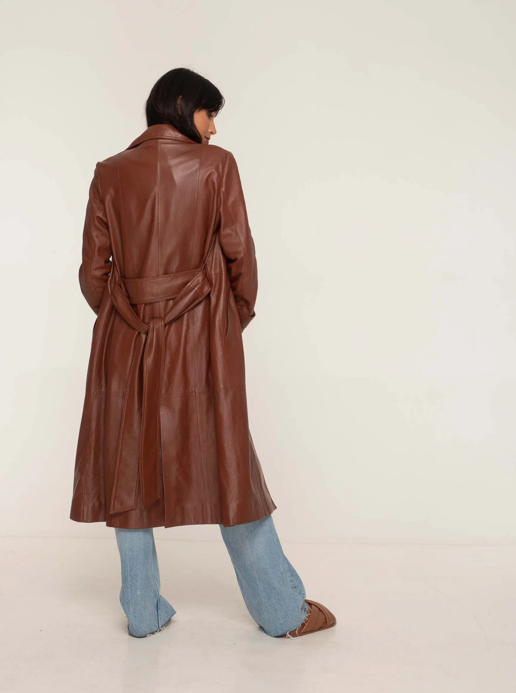 PORTIA LEATHER TRENCH COAT - WHISKEY