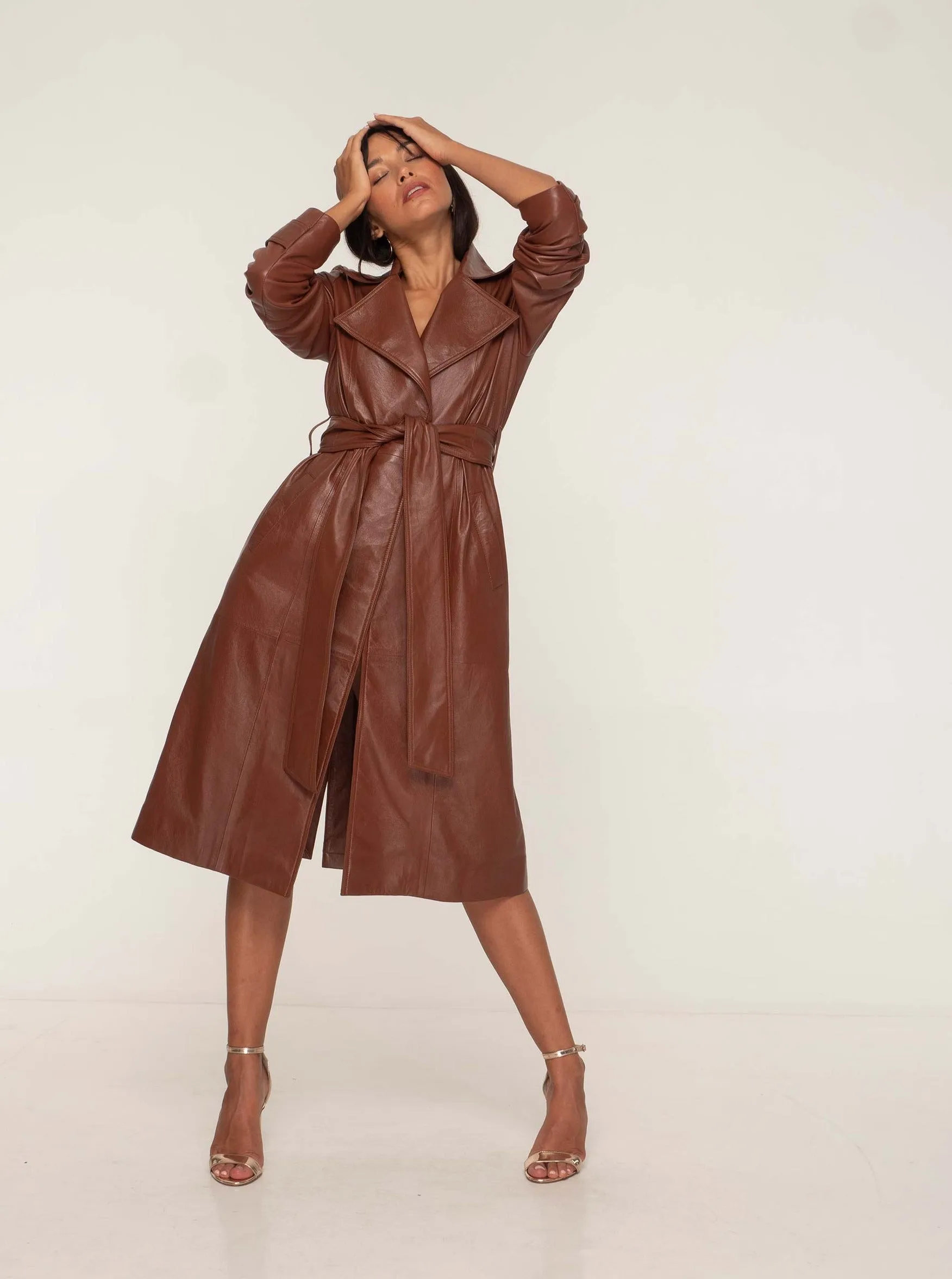 PORTIA LEATHER TRENCH COAT - WHISKEY