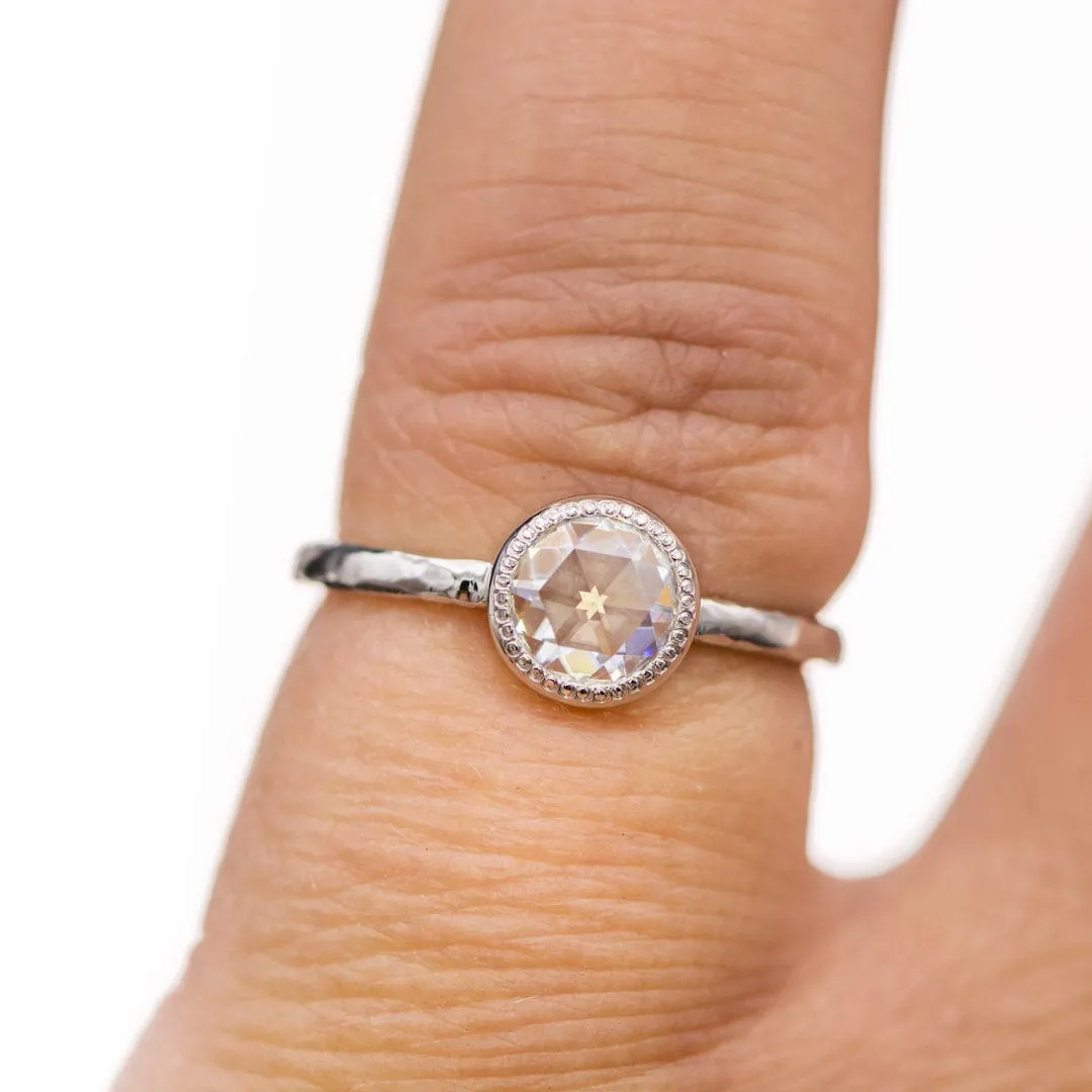 Rose Cut Moissanite Milgrain Textured Bezel Solitaire Engagement Stacking Ring