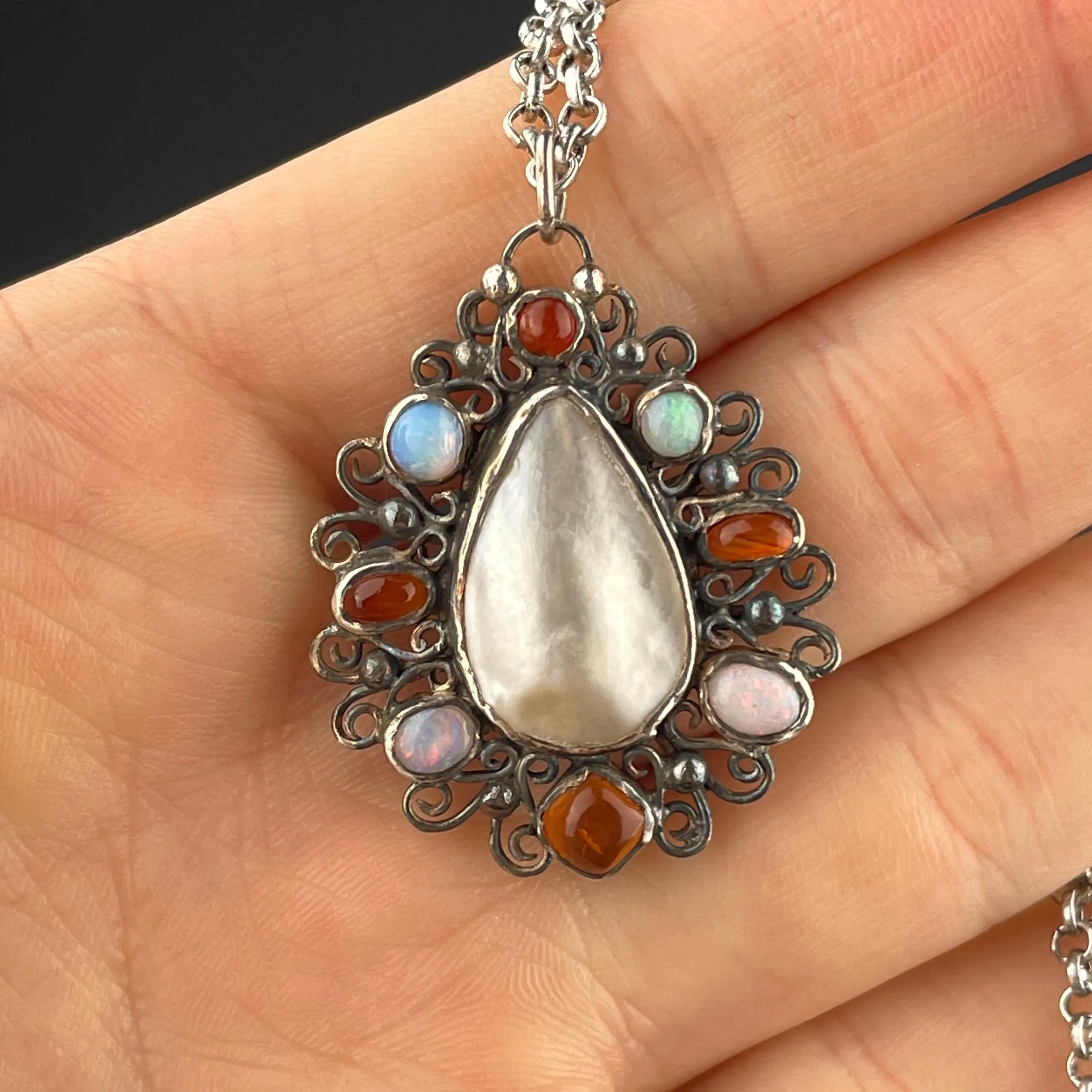 Silver Art Nouveau Opal Carnelian Pendant Necklace