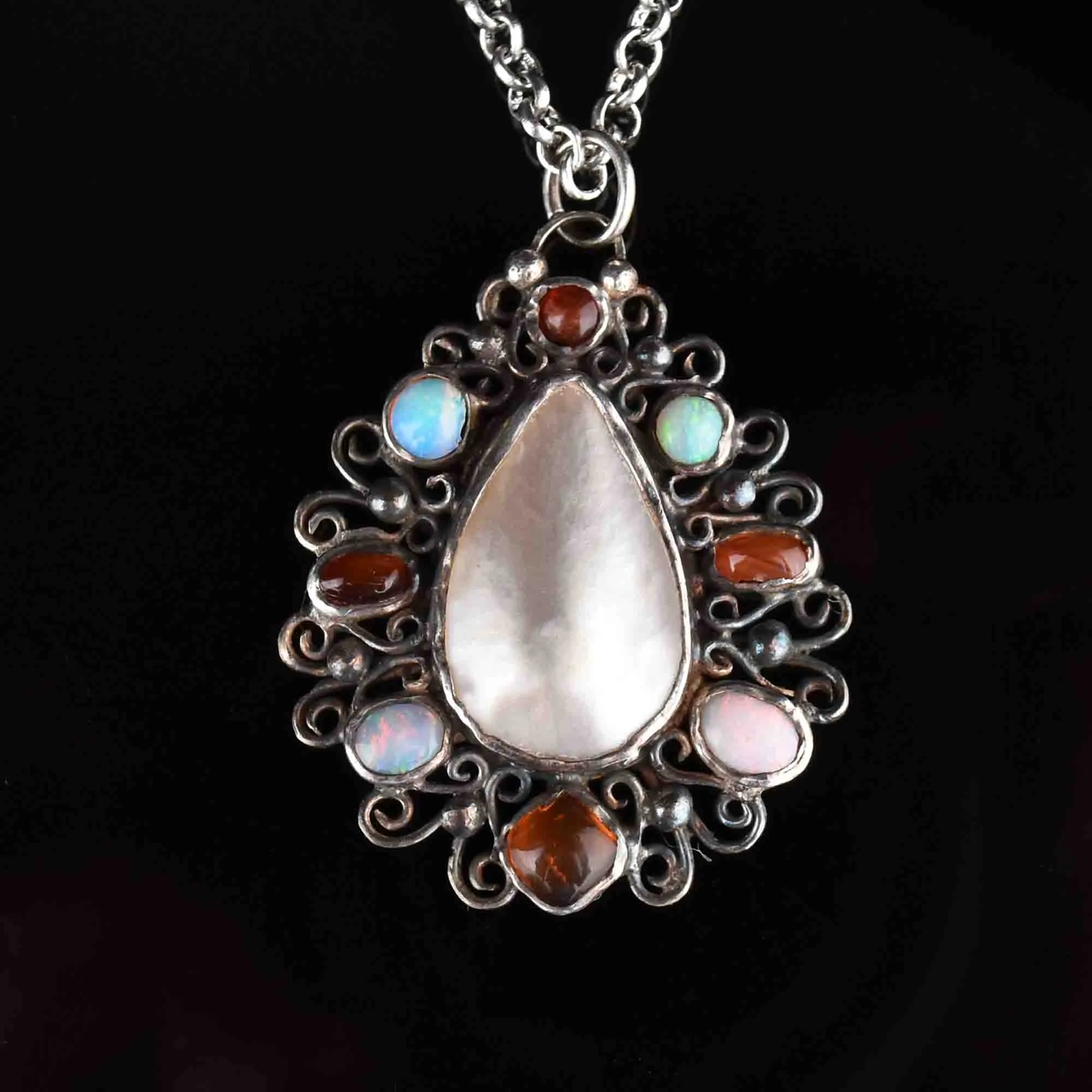 Silver Art Nouveau Opal Carnelian Pendant Necklace