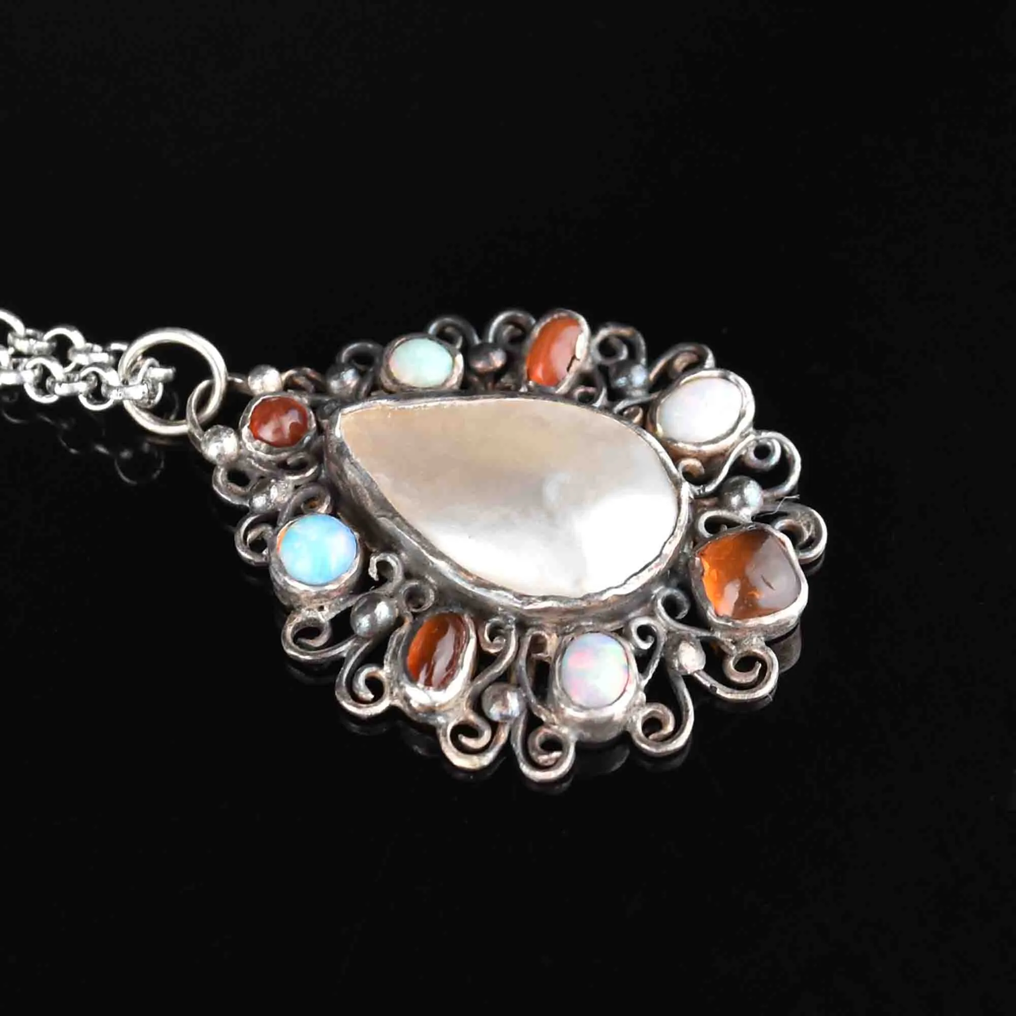 Silver Art Nouveau Opal Carnelian Pendant Necklace