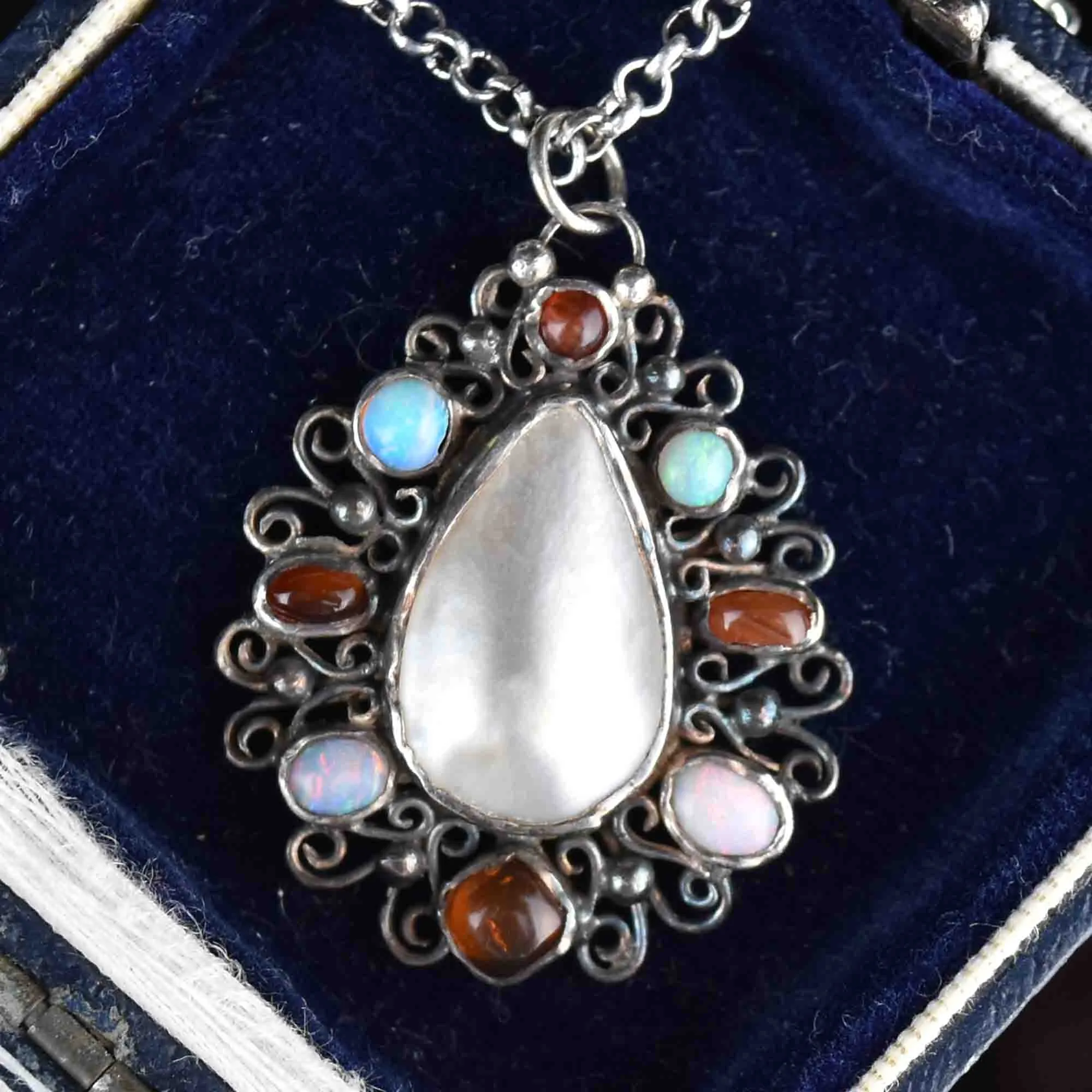 Silver Art Nouveau Opal Carnelian Pendant Necklace