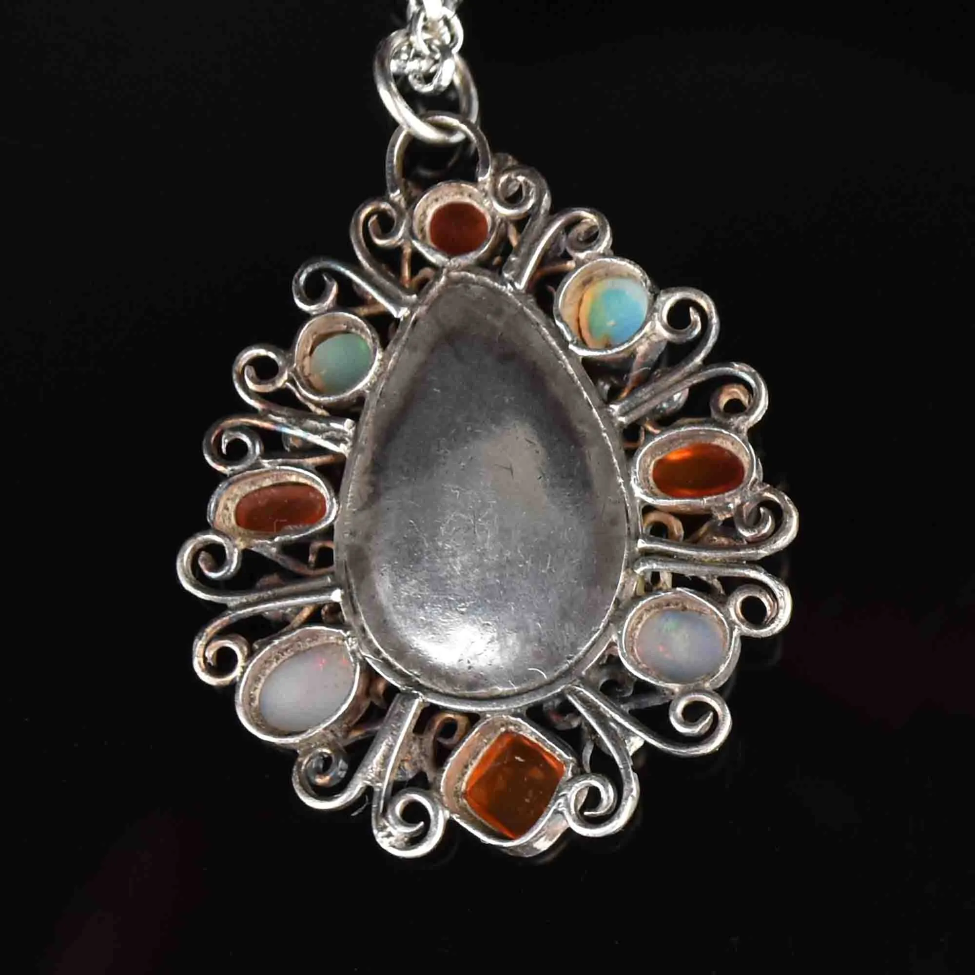 Silver Art Nouveau Opal Carnelian Pendant Necklace