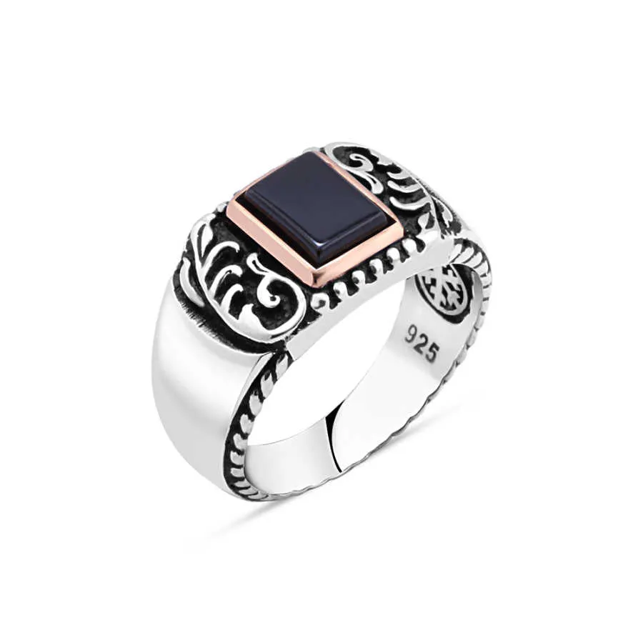 Small Square Onyx Stone Silver Men's Ring Siding Branch Pattern