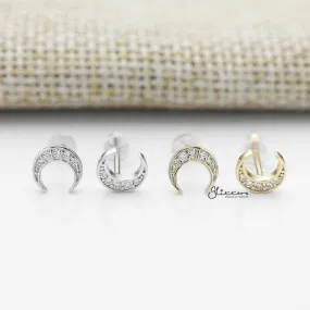 Solid 925 Sterling Silver CZ Crescent Moon Stud Earrings