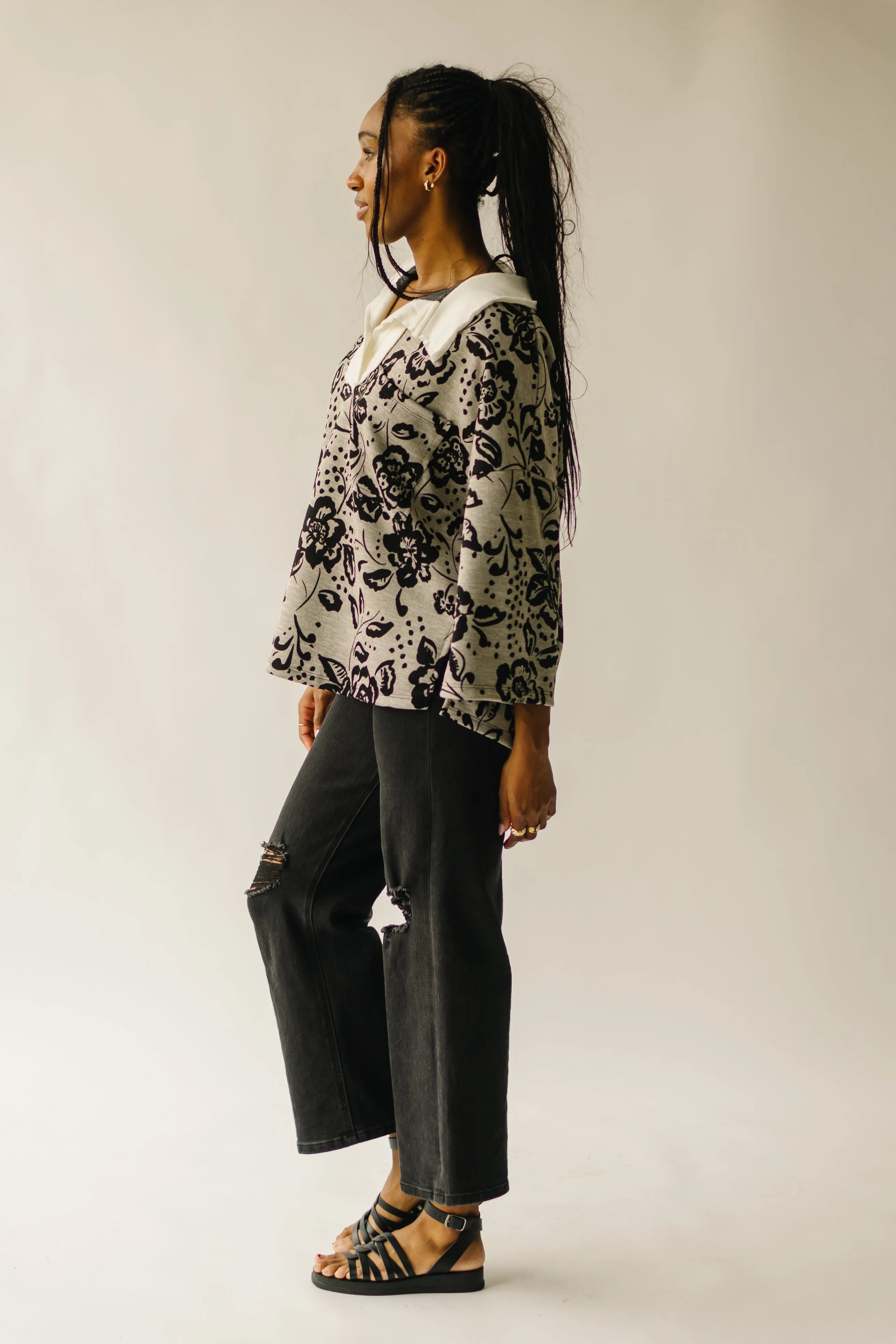 The Ellery Collared Pullover in Gray   Black Floral