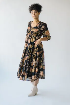 The Kibbie Tiered Midi Dress in Black Floral