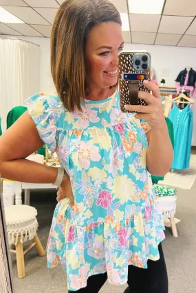 Ursula Floral Babydoll Top in Teal