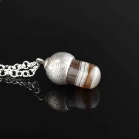 Vintage Carved Silver Banded Agate Acorn Pendant Necklace